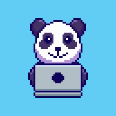 Panda 'nın Vector Illustration of Panda Pixel Art Design ile Laptop üzerinde çalışıyor, oyun değerleri temalı tasarımlar için mükemmel