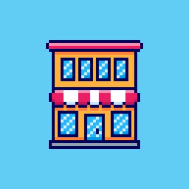 Pixel Art Design ile mağaza inşaatının vektör ilüstrasyonu, oyun varlıkları için mükemmel temalı tasarımlar