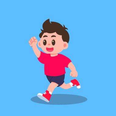 Koşan mutlu bir çizgi film çocuğunun vektör çizimi. Çocuklar için uygun eğlenceli ve enerjik karakter