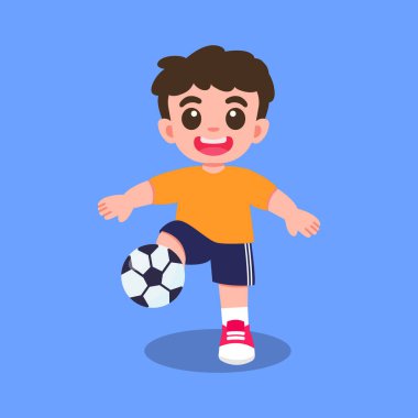 Çocuklar için uygun mutlu bir ifadeyle futbol oynayan çizgi film çocuğunun vektör illüstrasyonu