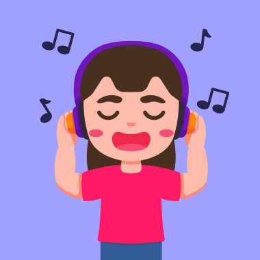 Çocuklar için uygun kulaklıklarla müzikten hoşlanan tatlı bir çizgi film kızının vektör çizimi