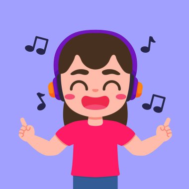 Kulaklıklı müzikten hoşlanan, gülümseyen ve çocuklar için uygun neşeli bir ruh haliyle dans eden tatlı bir çizgi film kızının vektör çizimi