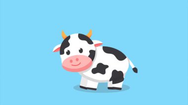 Mutlu bir ifadeyle yürüyen sevimli çizgi film ineği. Çiftlik, tarım ve çocuklar için mükemmel