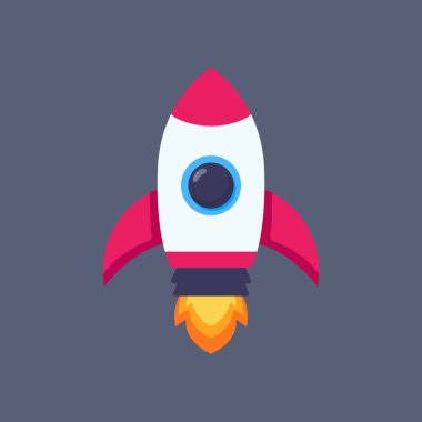 Karanlık bir arka planda parlak alevlerle uzaya fırlatılan bir çizgi roketin düz vektör çizimi. Uzay, fantezi ve çocuk temaları için mükemmel