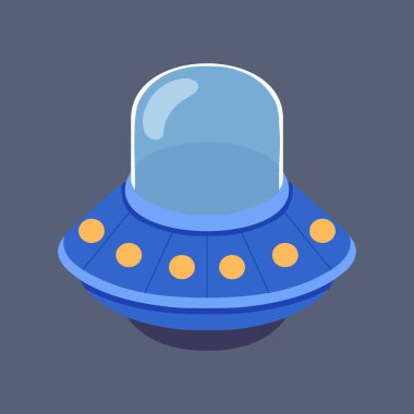 Mavi UFO uzay gemisinin düz vektör çizimi koyu arkaplanlı Glass Dome ile. Uzay, fantezi ve çocuk temaları için mükemmel
