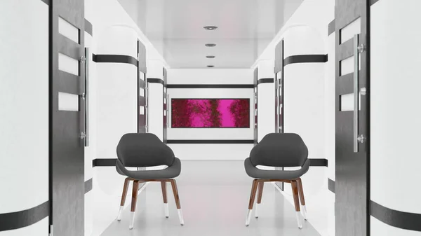 Fundo Abstrato Sci Sala Laboratório Futurista Moderna Com Cadeira Renderização — Fotografia de Stock