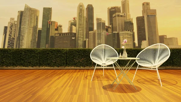 Minimum Açık Hava Dinlenme Terası Güzel Günbatımı Şehir Manzaralı Sandalye — Stok fotoğraf