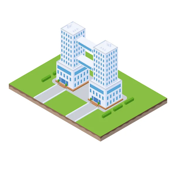 Pemandangan Isometrik Dari Dua Menara Kembar Bangunan Dengan Jalan Dan - Stok Vektor