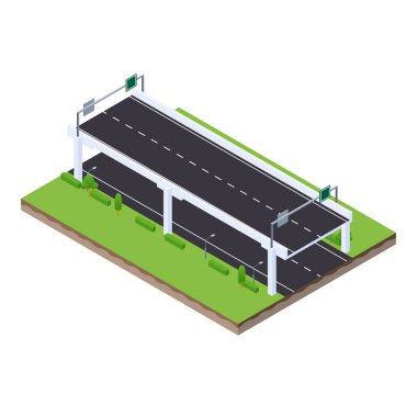 Otoyol trafik yolunun işaret ve spot lambasıyla izometrik manzarası