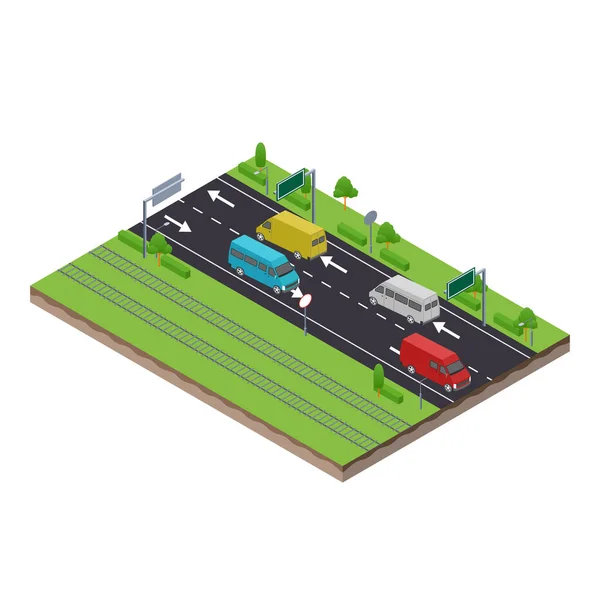 Isometrische Szene Eines Transport Logistik Transporters Straßen Und Eisenbahnverkehr — Stockvektor