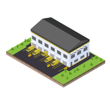 Şirket işindeki depo lojistik salonundaki kamyonet boşaltma işleminin izometrik sahnesi