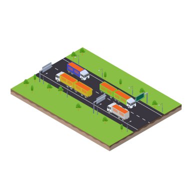 Kargo kamyonunun izometrik görüntüsü. Otoyol trafiğinde bir sürü toprak var.