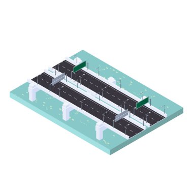 Okyanus nehri üzerinde köprüsü olan otoyol trafiğinin izometrik görüntüsü