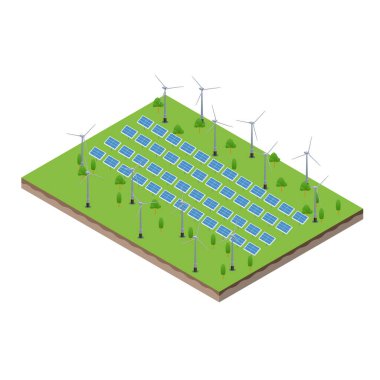 Elektrik ve güneş tarım panelleri üreten rüzgar türbinlerinin izometrik sahnesi
