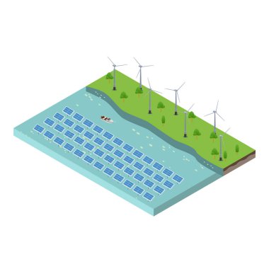 Nehirde elektrik üreten rüzgar türbinlerinin ve güneş tarım panellerinin izometrik görüntüsü
