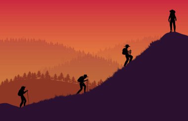 Turuncu arka planda dağcı ve gezgin siluet grubu.
