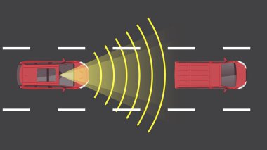 top view flat cartoon of car vehicle high end sensor radar autonomous system technology clipart