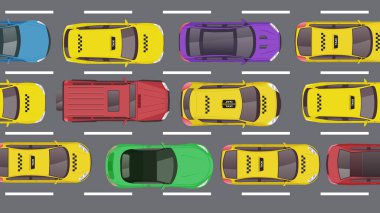 Trafik sıkışıklığı yolundaki sarı taksi aracının düz çizgi filmi.