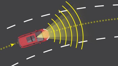 Üst görünüm düz çizgi film araba üst düzey sensör radar otonom sistem teknolojisi eğri yol ile