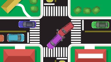 En üstteki düz karikatürde çarpışan frenleme kazası ve 4 kavşak yolu var.