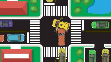 En üstteki düz karikatürde çarpışan frenleme kazası ve 4 kavşak yolu var.