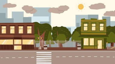 Çağdaş yapı ve yol kenarındaki doğa parkının tasviri.