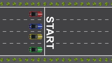 Yarış pisti başlama ve bitiş çizgisine sahip yarış arabası çizgi filmi