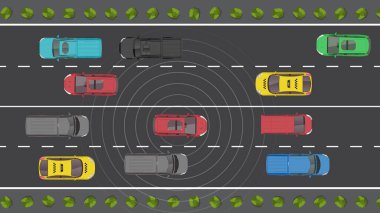 Otonom sensör güvenliğine sahip düz bir araba karikatürü.