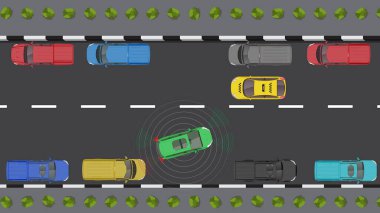 Otonom sensör güvenliğine sahip düz bir araba karikatürü.