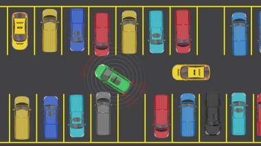Otopark yerinde otonom sensör güvenliği algılayan düz bir araba karikatürü.