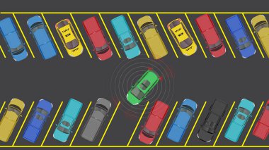 Otopark yerinde otonom sensör güvenliği algılayan düz bir araba karikatürü.