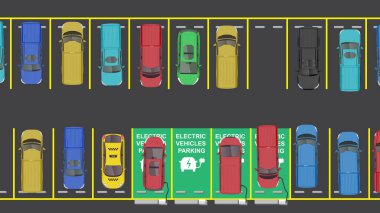 Otoparkta elektrikli araçların park yeri olan düz bir araba karikatürü.