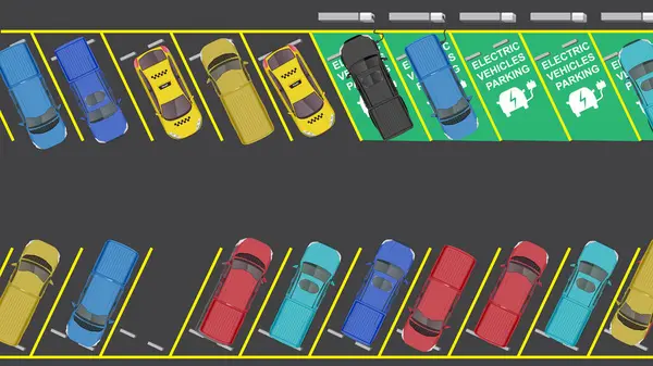 Otoparkta elektrikli araçların park yeri olan düz bir araba karikatürü.