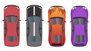 Birçok renkte spor araba aracının en üstteki görünümü