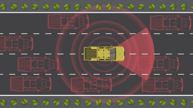 Kamyon aracının düz görüntüsü, yüksek sensör radar otonom sistem yapay zekası..