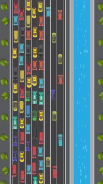 Çoklu şeritli otoyolda trafik sıkışıklığı olan aracın üst görüntüsü, yukarıdan görünüyor.