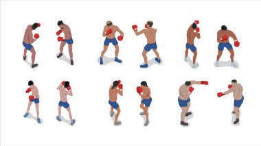 Boks ve yumruk atma hareketleri yapan izometrik insan topluluğu.