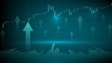 Grafik grafiğinde borsa hacmi ve mum çubuğunun soyut arkaplanı