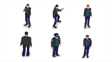 Mavi ve siyah polis memurunun izometrik görüntüsü