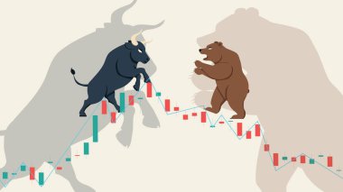 Boğa ve ayı karakterli düz vektör borsa şamdanının soyut arkaplanı