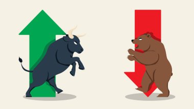 Düz vektör borsa okunun soyut arkaplanı boğa ve ayı karakterli kırmızı ve yeşil