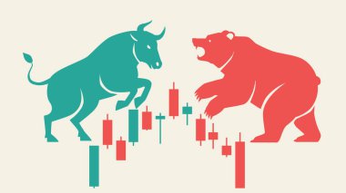 Düz vektör borsa boğası, ayı ve şamdan grafiğinin soyut arkaplanı