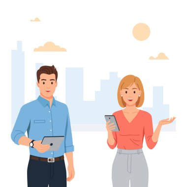 Mobil tablet akıllı telefon tutan karakter ofis adamı ve kadının düz vektörü