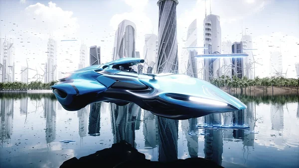 fying car in futuristic city. Future concept. 3d rendering