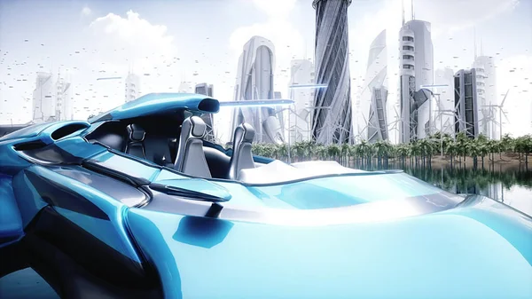 fying car in futuristic city. Future concept. 3d rendering
