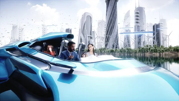 fying car in futuristic city with people.. Future concept. 3d rendering