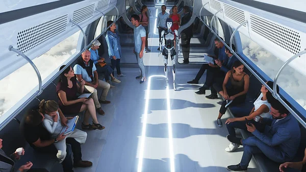Personnes Robots Train Passagers Volant Dans Les Nuages Utopie Concept — Photo
