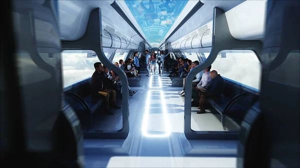 Mensen Robots Vliegende Passagierstrein Wolken Utopia Concept Van Toekomst Een — Stockfoto