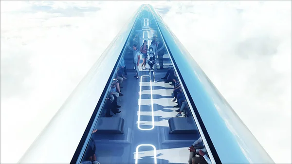 3次元人とロボット 雲の中を旅する旅客列車 ユートピア 未来の概念です 空中からの素晴らしい眺め 3Dレンダリング — ストック写真