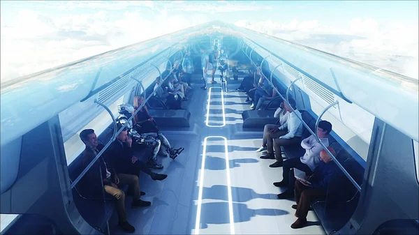 Persone Robot Treno Passeggeri Volante Tra Nuvole Utopia Concetto Del — Foto Stock